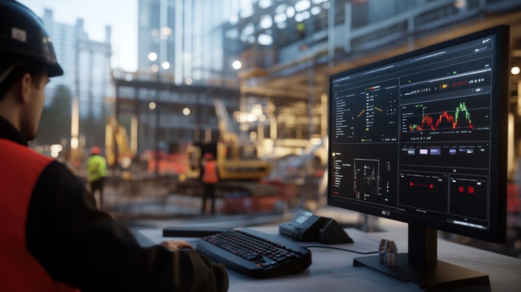 construction worker monitors project data on computer
